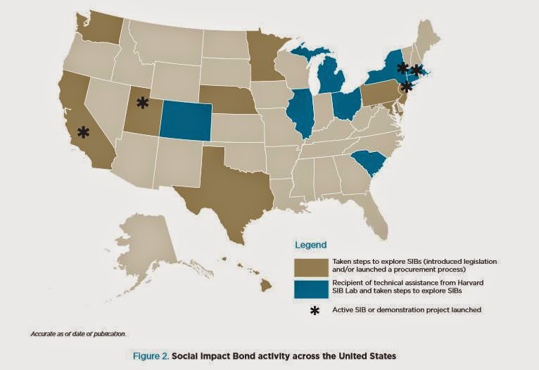This map, from Social Finance's report Foundations for Social Impact Bonds, shows the emergence of Social Impact Bonds across the Unites States.