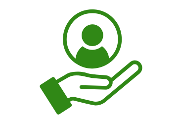 A green illustration of a hand outstretched with a circular logo above it with a headshot illustration inside.
