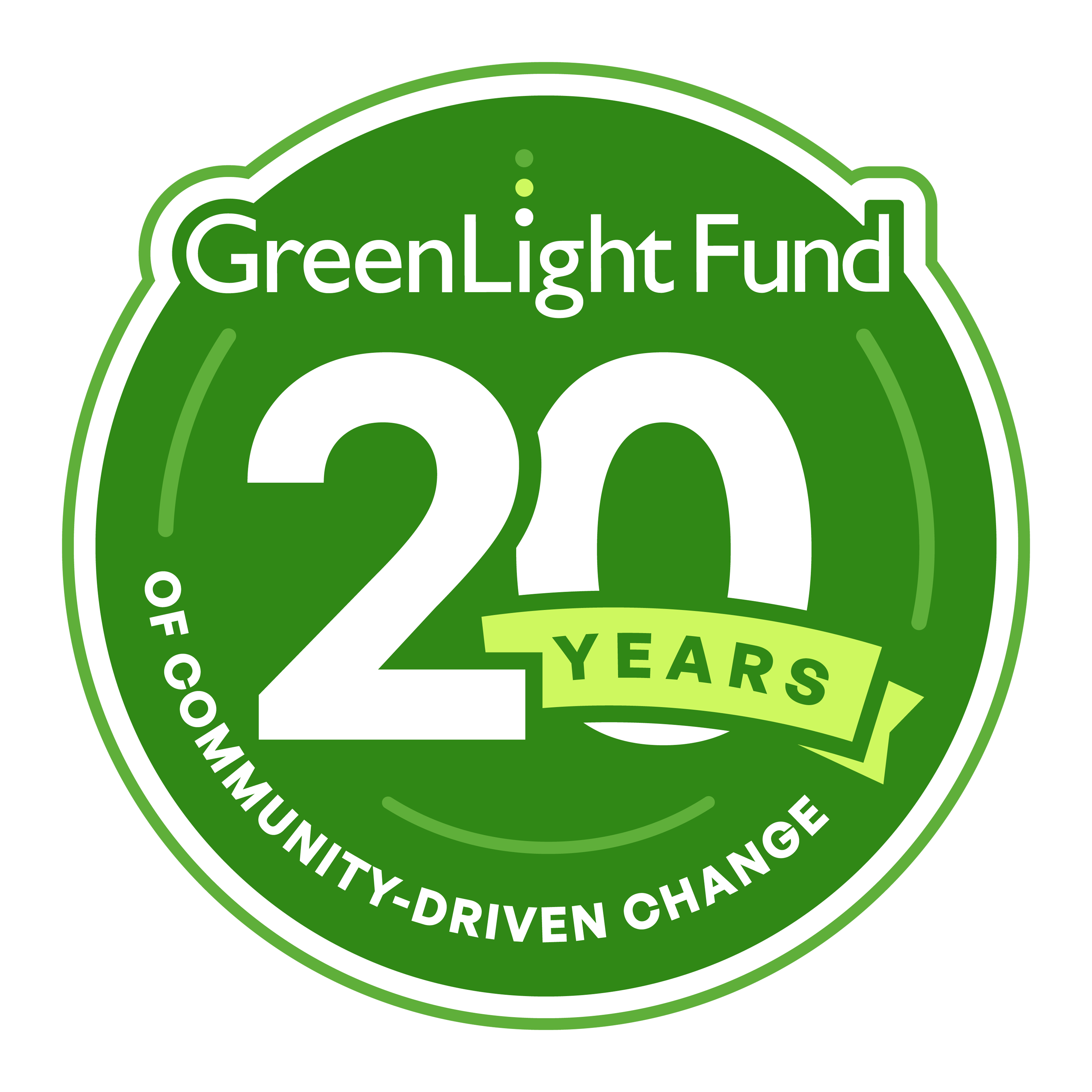 GreenLight 20 Years of community-driven change circular icon.